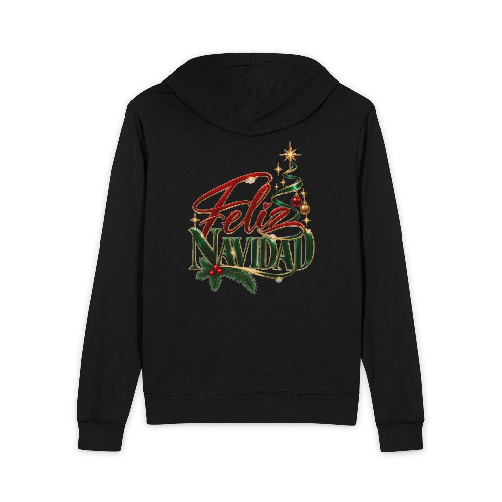 Feliz Navidad Zip Hoodie — Festive Christmas Tree & Holly Holiday Hoodie
