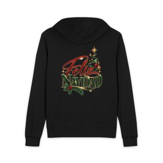 Feliz Navidad Zip Hoodie — Festive Christmas Tree & Holly Holiday Hoodie