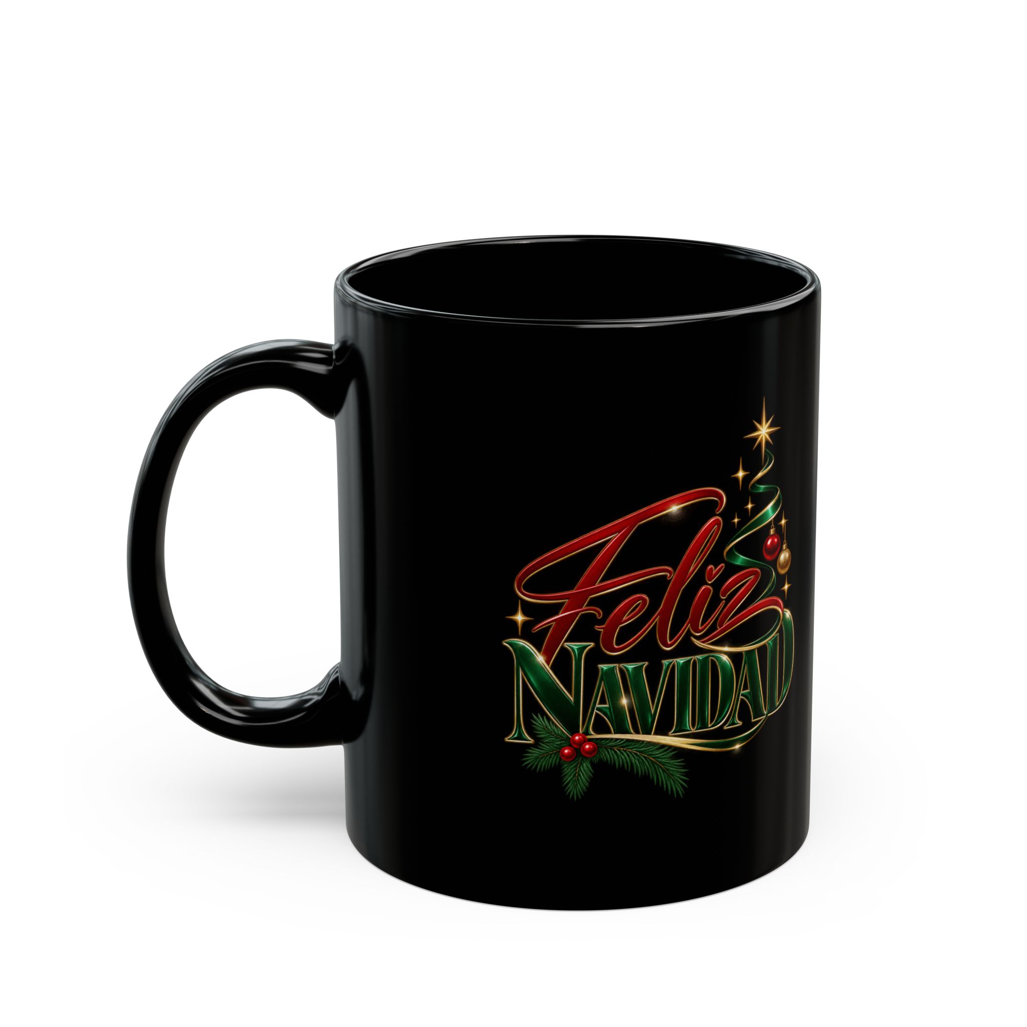 Feliz Navidad Black Ceramic Mug – Holiday Christmas Tree Coffee Cup (11oz & 15oz)